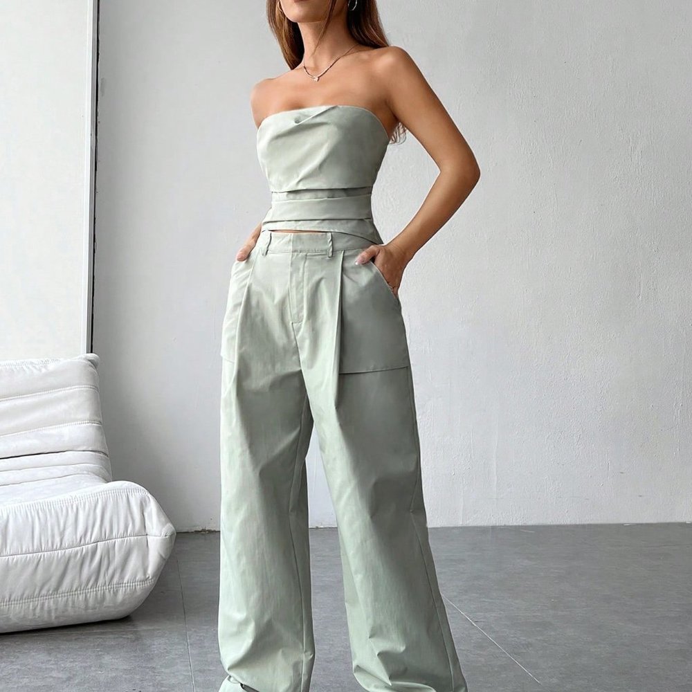 Grey Casual womens Solid Tube Top & Pants - Picture 3 of 5